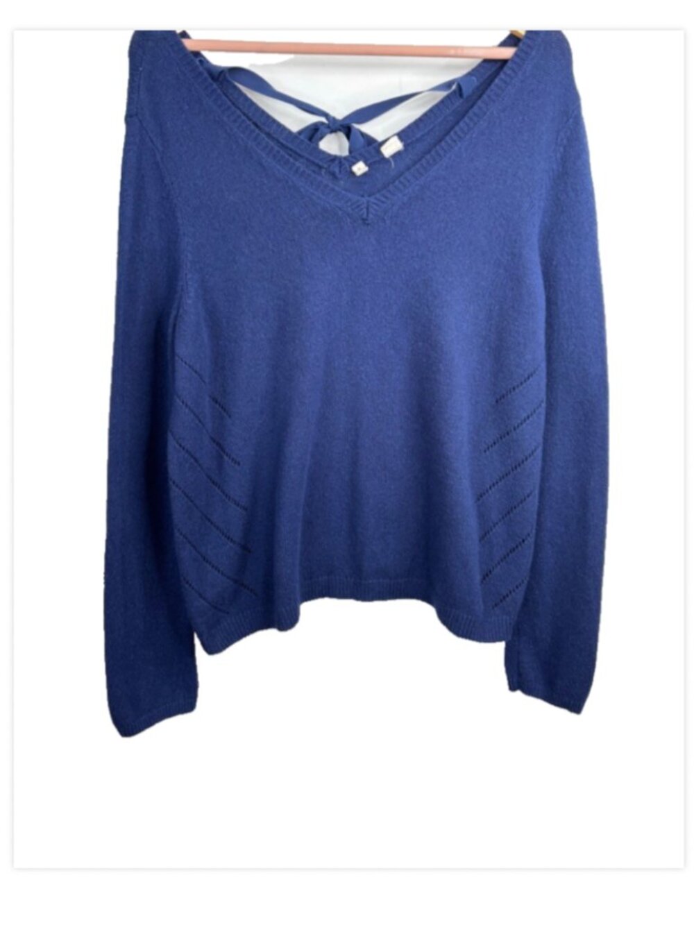 Anthropologie Moth Womens XL Sweater Navy Blue Ribbon Tie Back Cashmere Blend